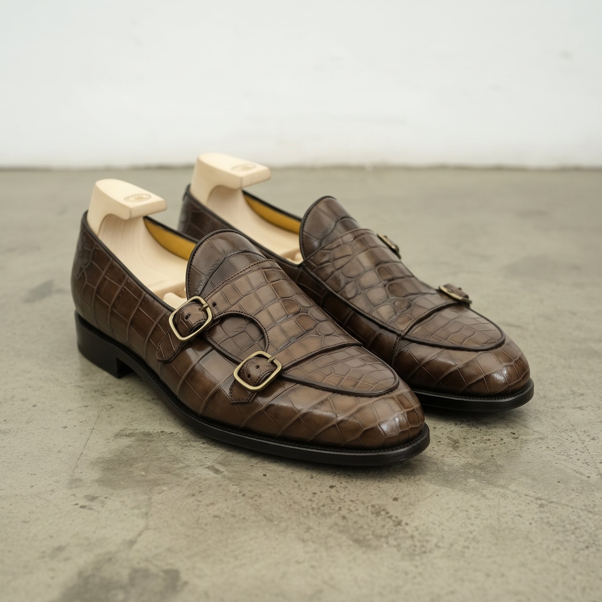 Men's Brown Apron-Toe Crocodile-Embossed Leather Double Monk Loafers — Gateley