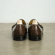 Men's Brown Apron-Toe Crocodile-Embossed Leather Double Monk Loafers — Gateley