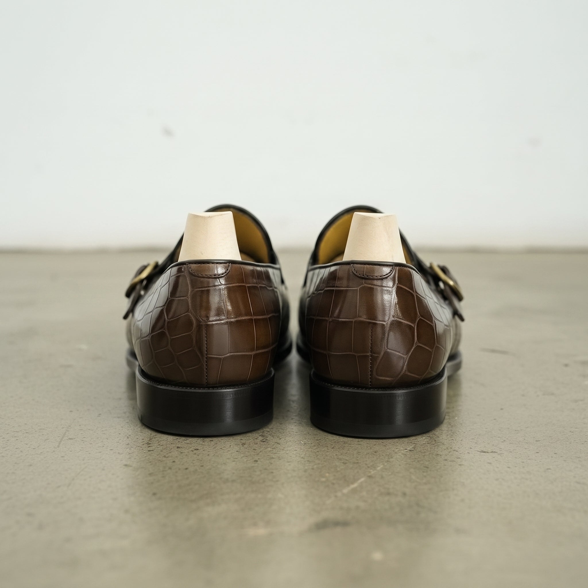 Men's Brown Apron-Toe Crocodile-Embossed Leather Double Monk Loafers — Gateley