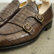 Men's Brown Apron-Toe Crocodile-Embossed Leather Double Monk Loafers — Gateley