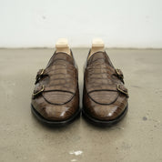 Men's Brown Apron-Toe Crocodile-Embossed Leather Double Monk Loafers — Gateley