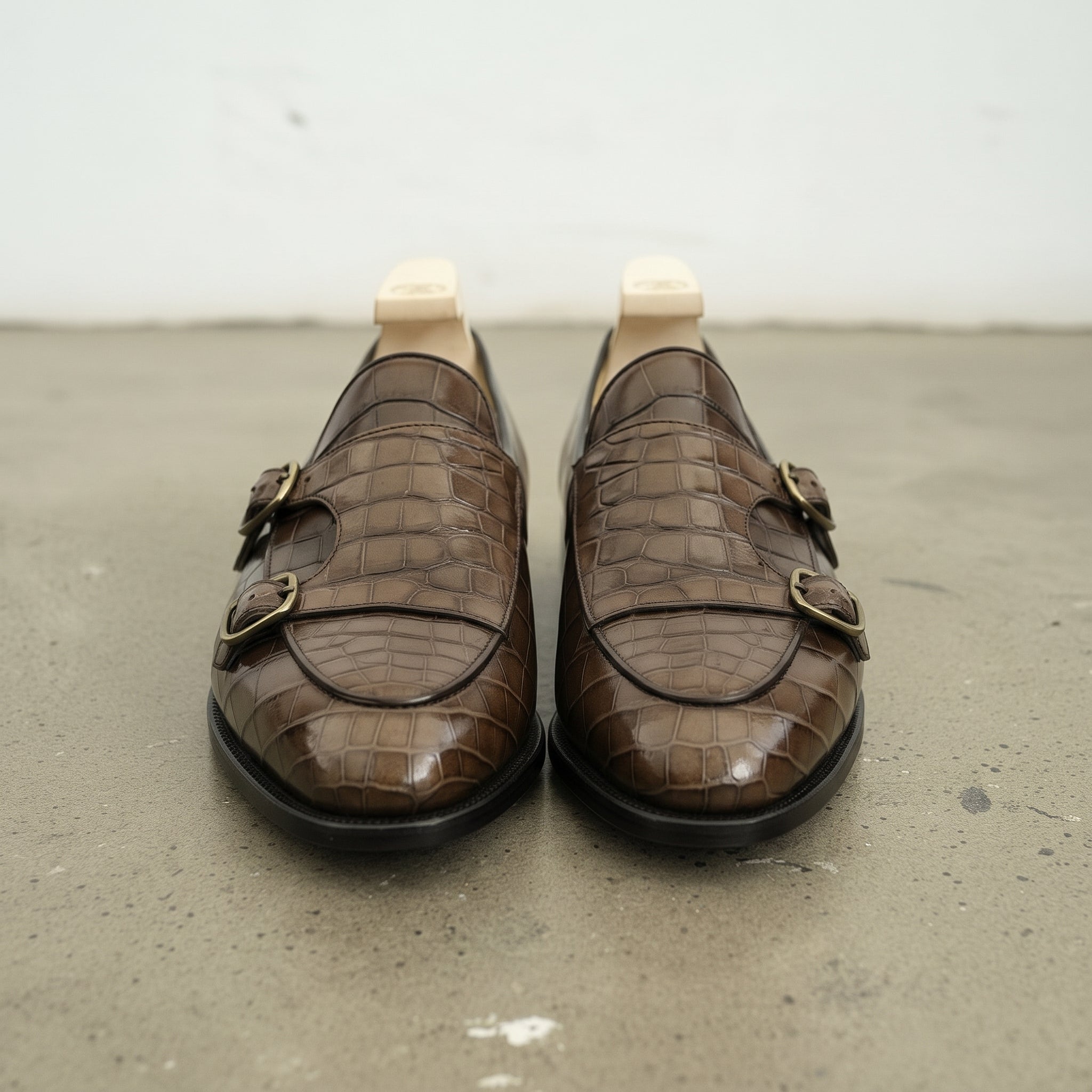 Men's Brown Apron-Toe Crocodile-Embossed Leather Double Monk Loafers — Gateley