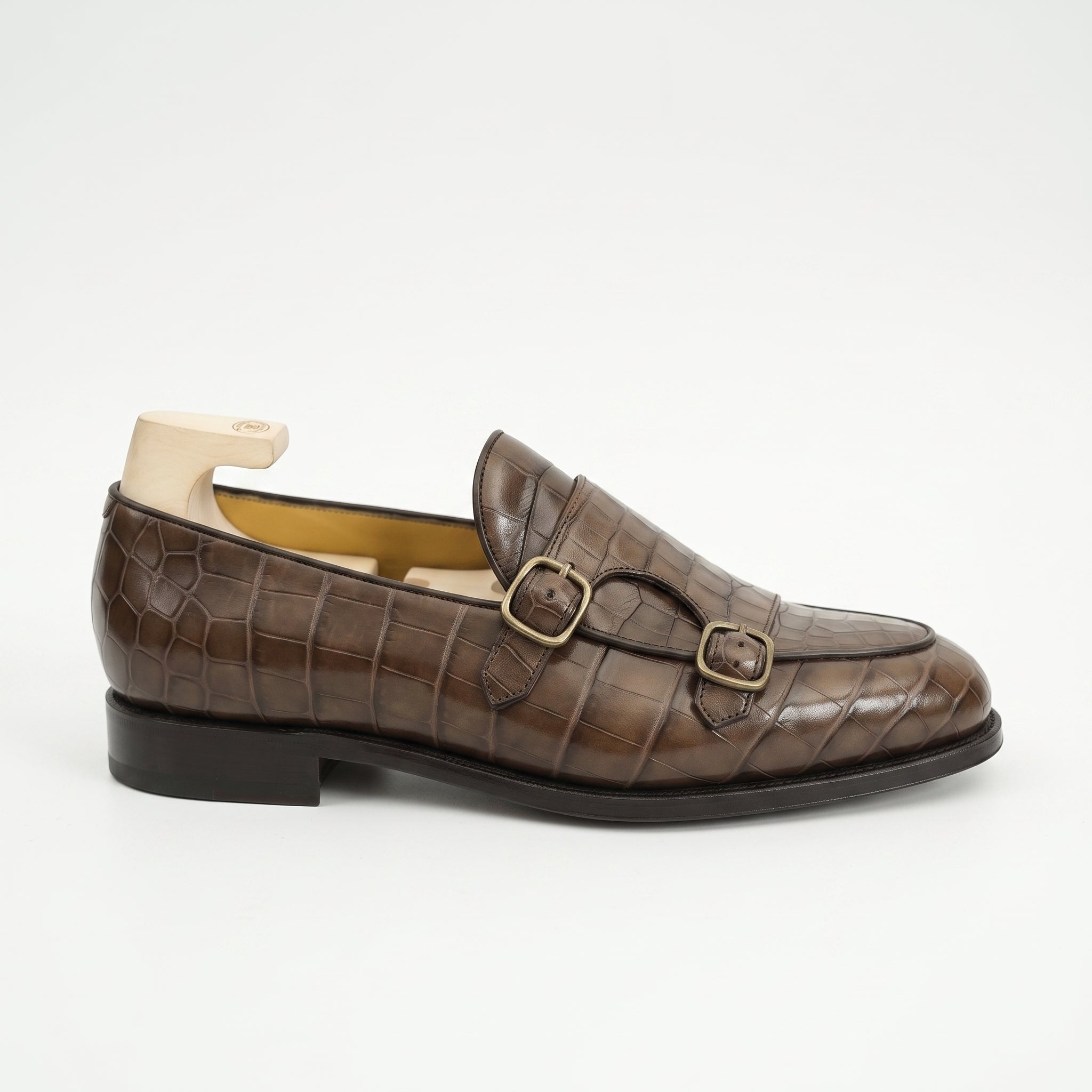 Men's Brown Apron-Toe Crocodile-Embossed Leather Double Monk Loafers — Gateley