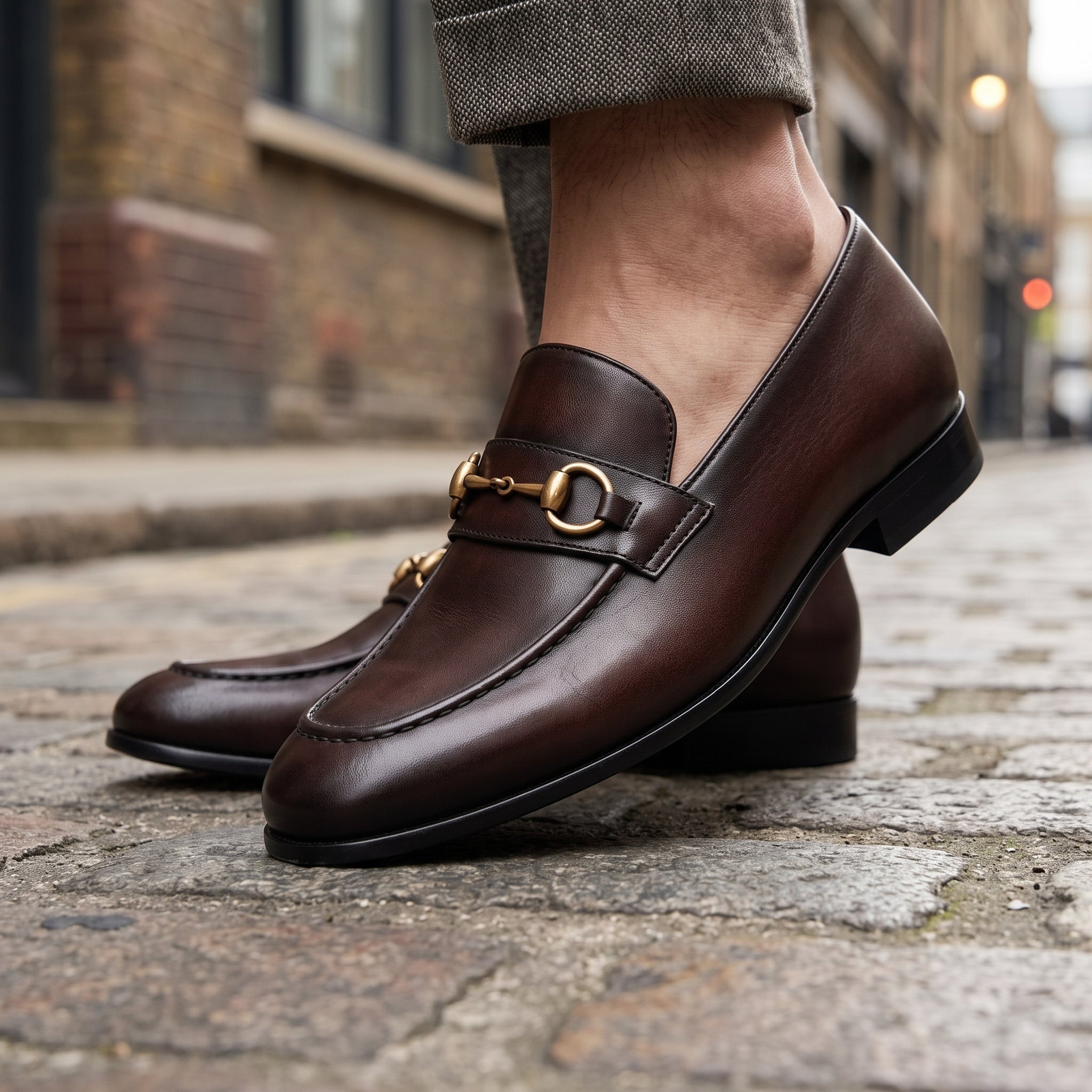 Men's Brown Apron-Toe Leather Bit Loafers — Bateson