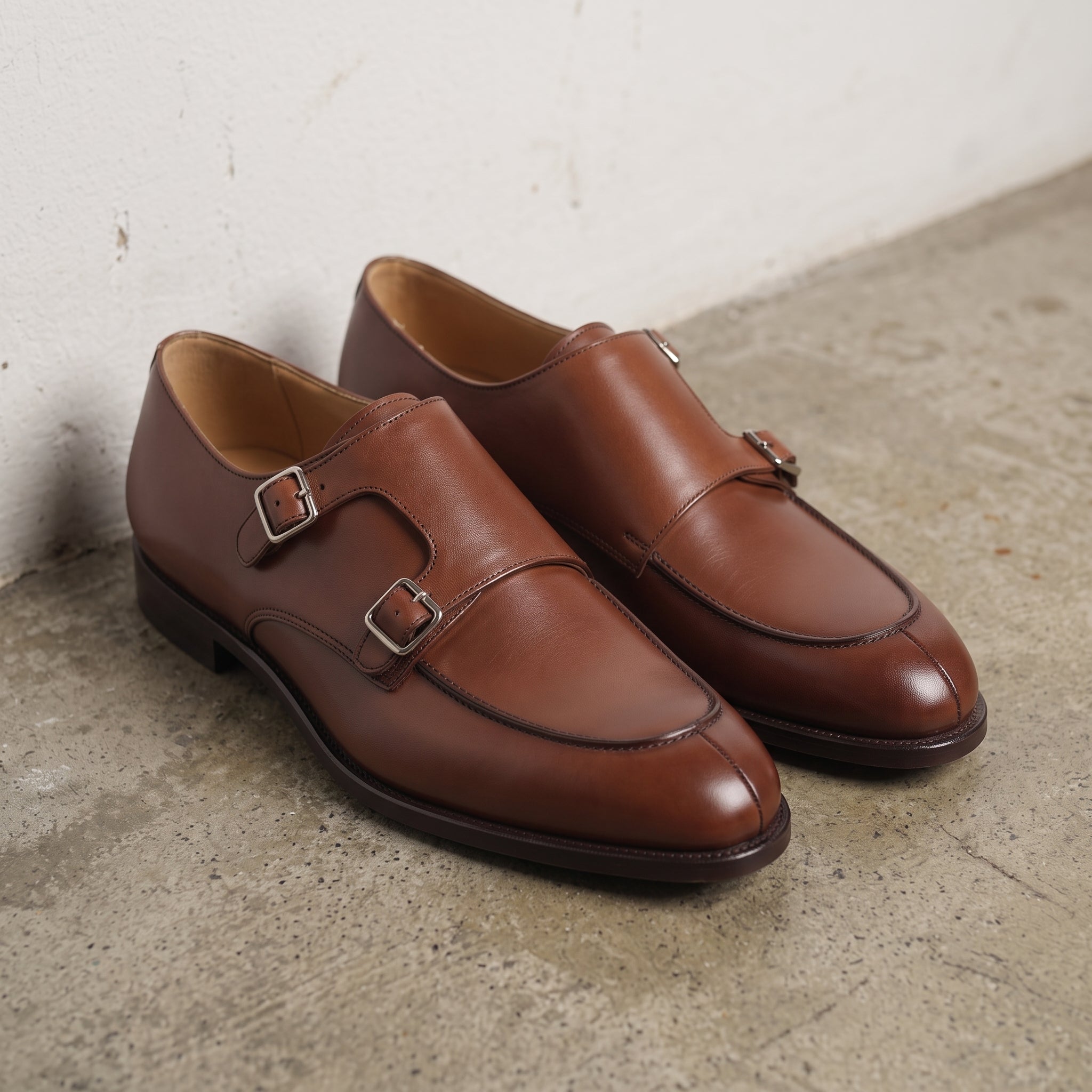 Men's Brown Apron-Toe Leather Double Monk Strap Shoes — Hawkins