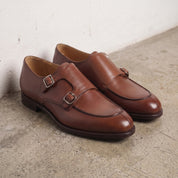 Men's Brown Apron-Toe Leather Double Monk Strap Shoes — Hawkins