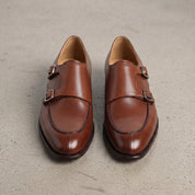 Men's Brown Apron-Toe Leather Double Monk Strap Shoes — Hawkins