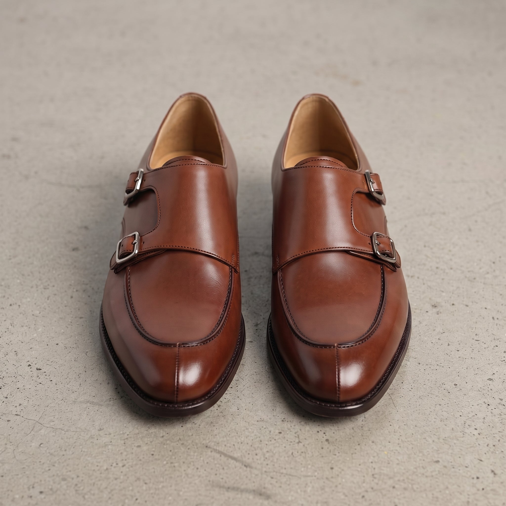 Men's Brown Apron-Toe Leather Double Monk Strap Shoes — Hawkins