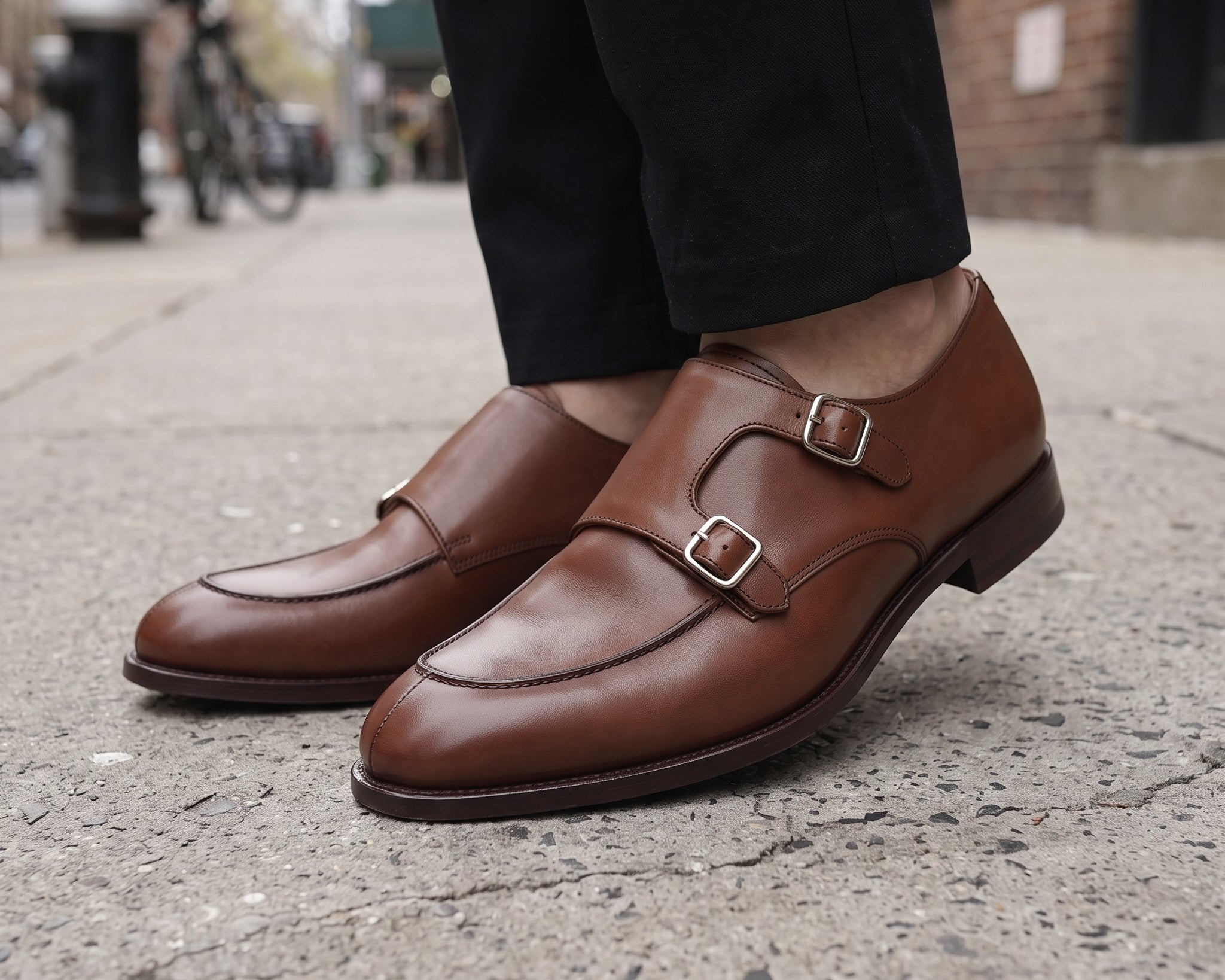 Men's Brown Apron-Toe Leather Double Monk Strap Shoes — Hawkins