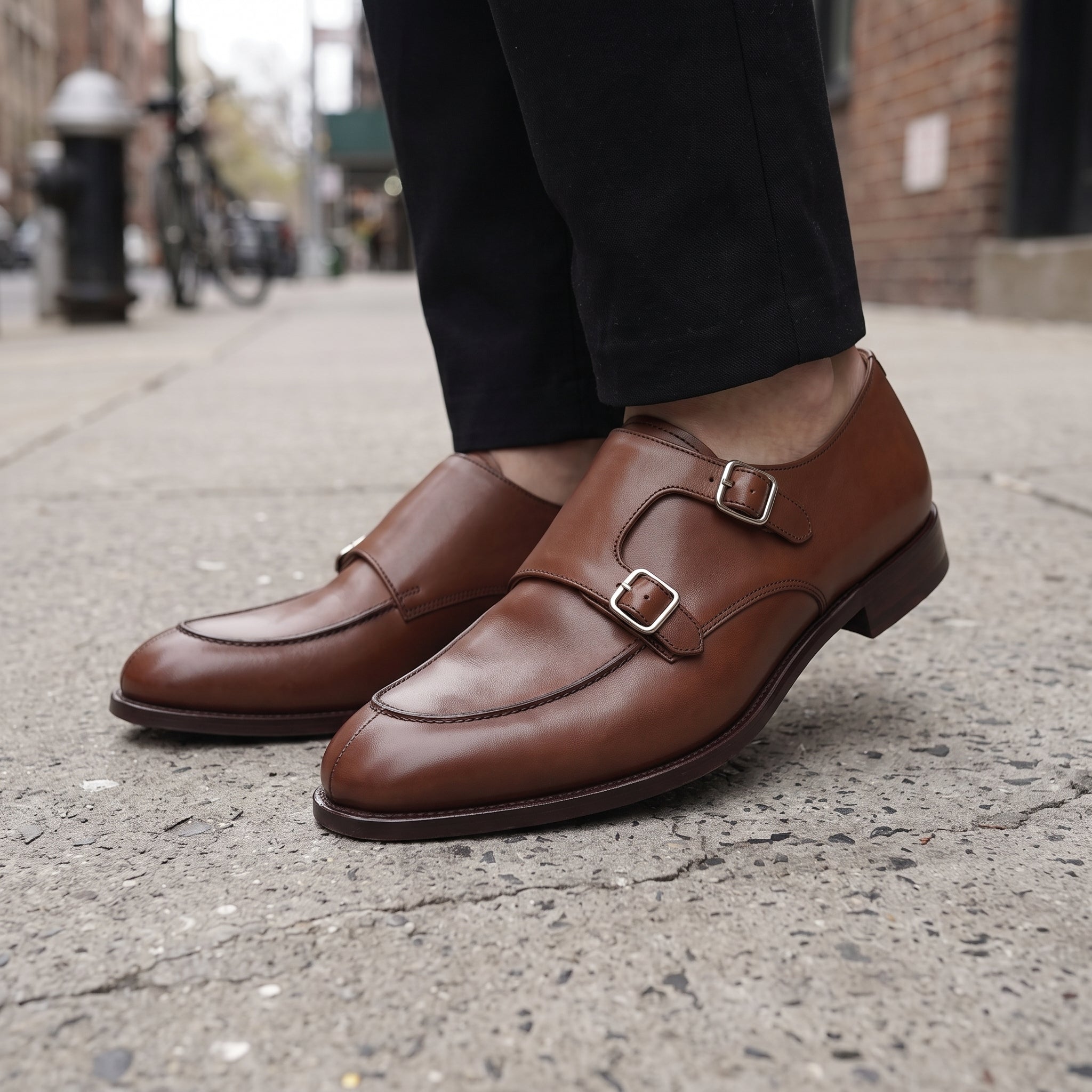 Men's Brown Apron-Toe Leather Double Monk Strap Shoes — Hawkins