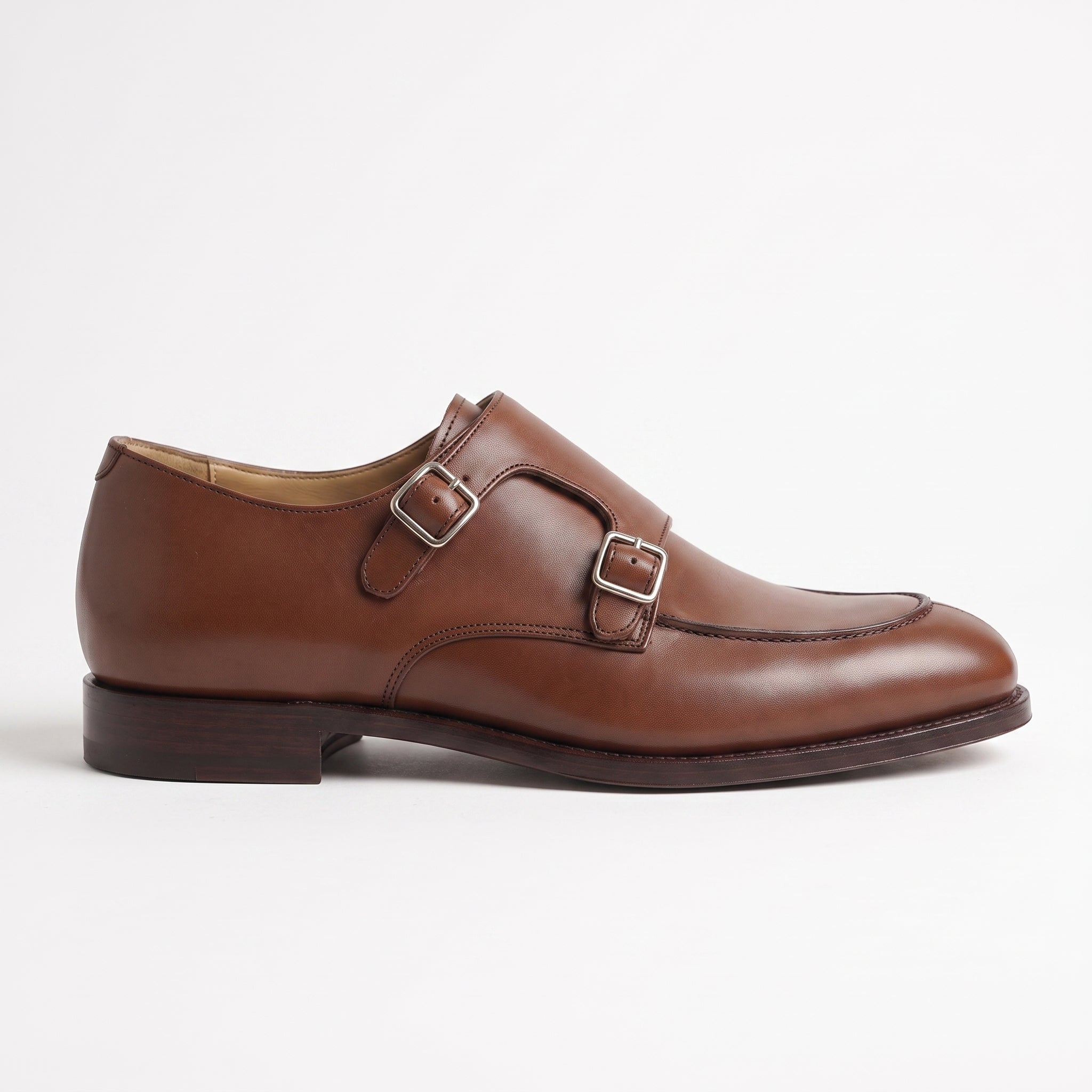 Men's Brown Apron-Toe Leather Double Monk Strap Shoes — Hawkins
