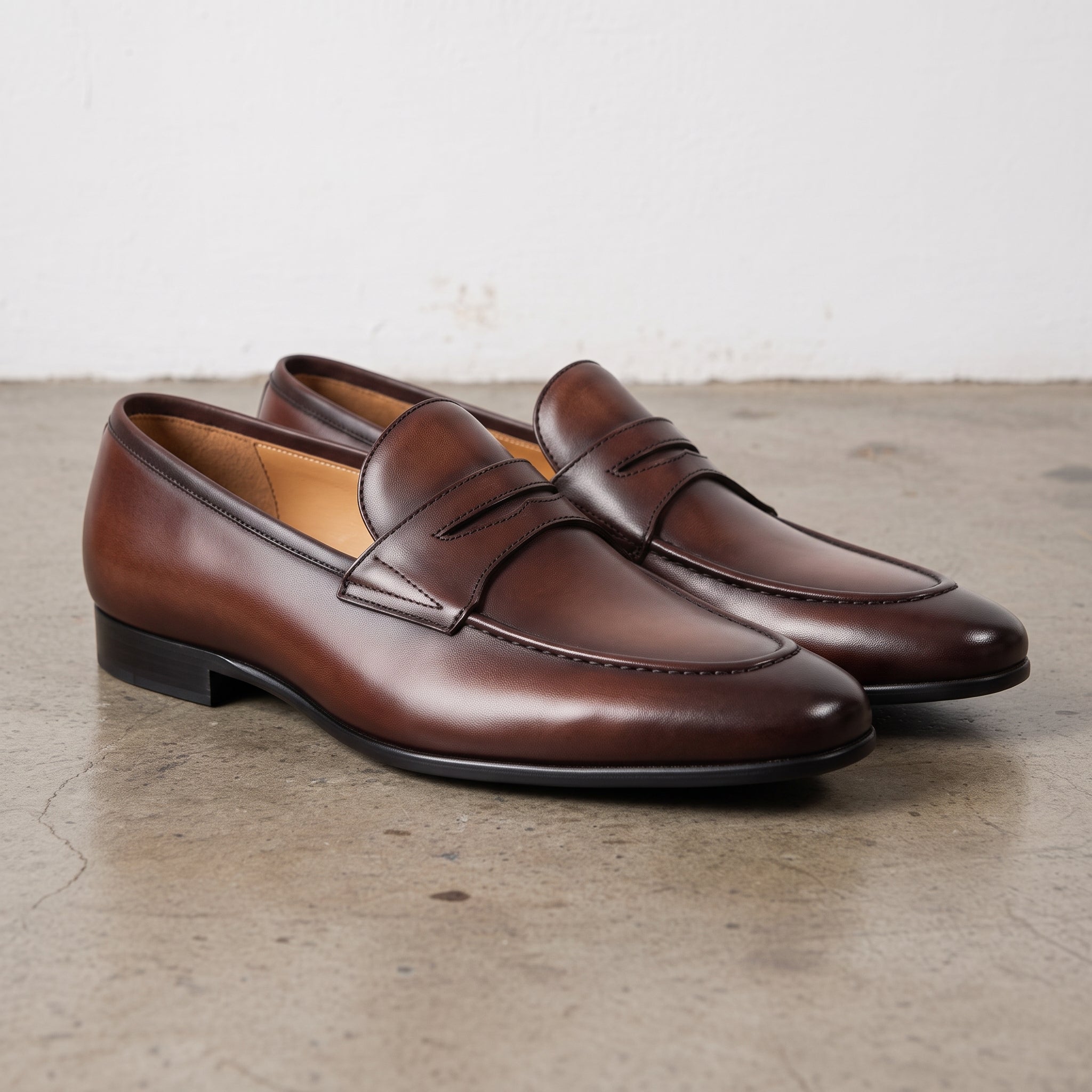 Men's Brown Apron-Toe Leather Penny Loafers — Bradley