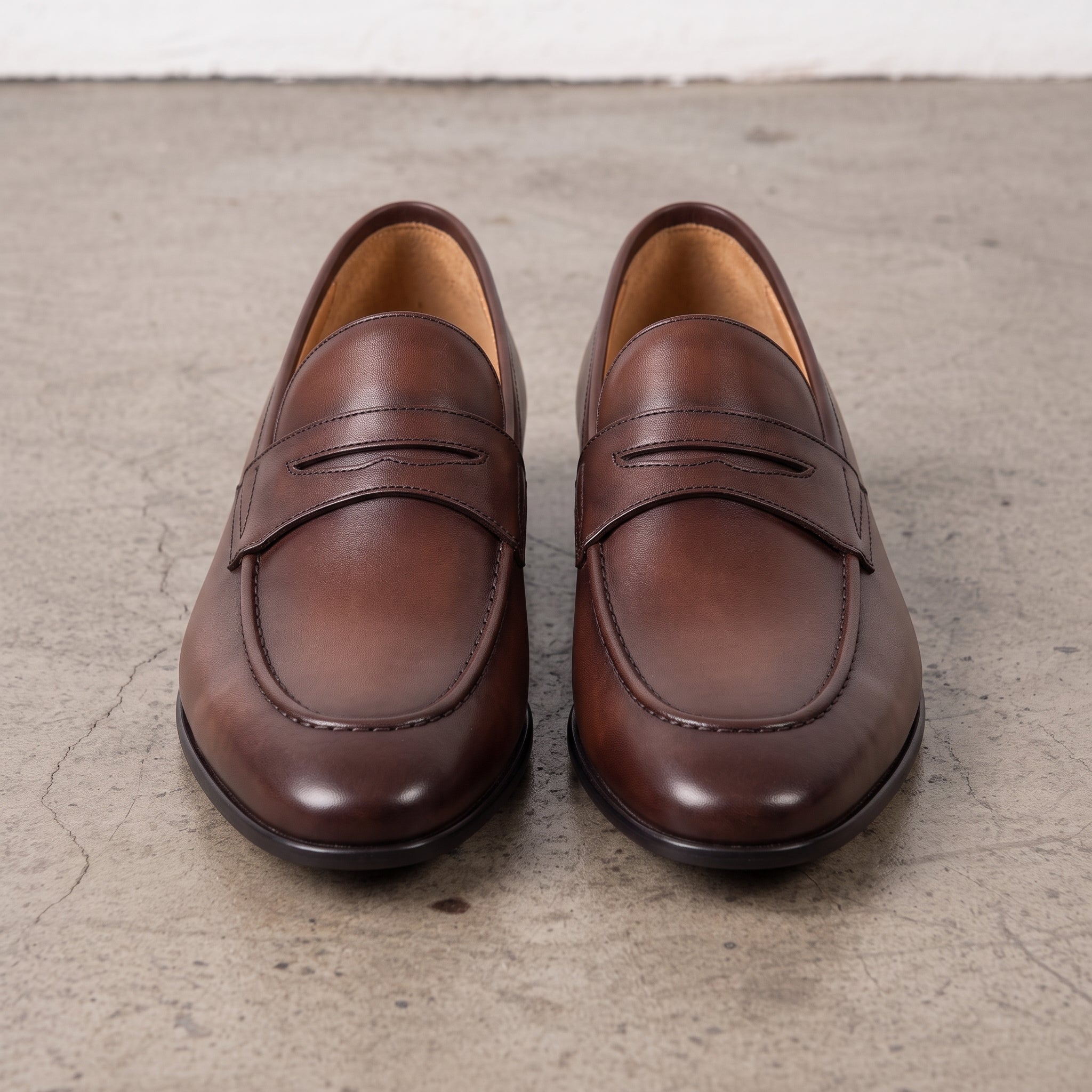 Men's Brown Apron-Toe Leather Penny Loafers — Bradley
