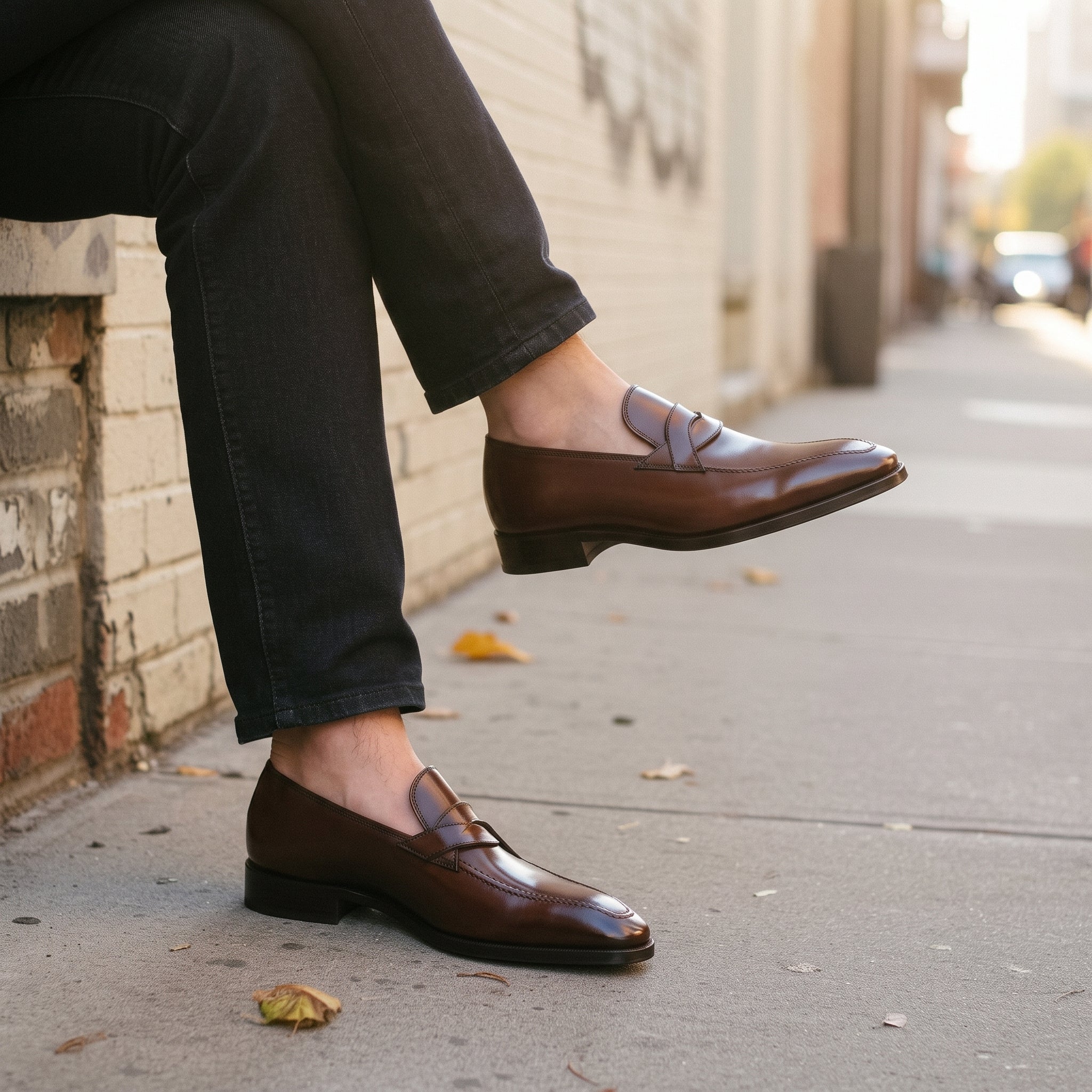 Men's Brown Apron-Toe Leather Penny Loafers — Brigham