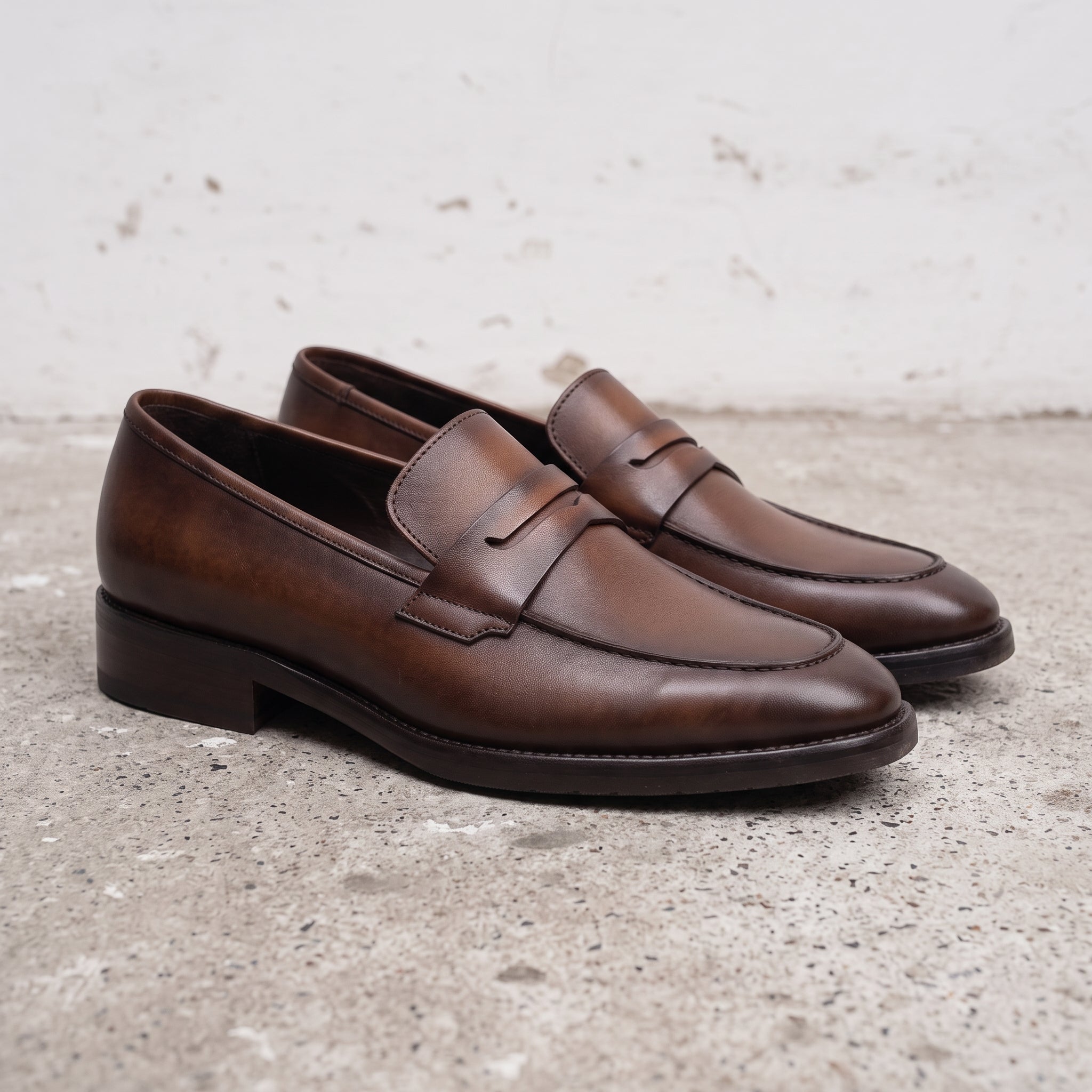 Men's Brown Apron-Toe Leather Penny Loafers — Cornell