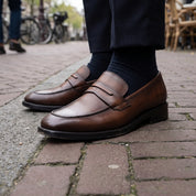 Men's Brown Apron-Toe Leather Penny Loafers — Cornell