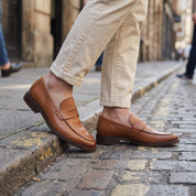 Men's Brown Apron-Toe Leather Penny Loafers — Elsley