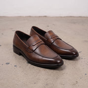 Men's Brown Apron-Toe Leather Penny Loafers — Hilsdon