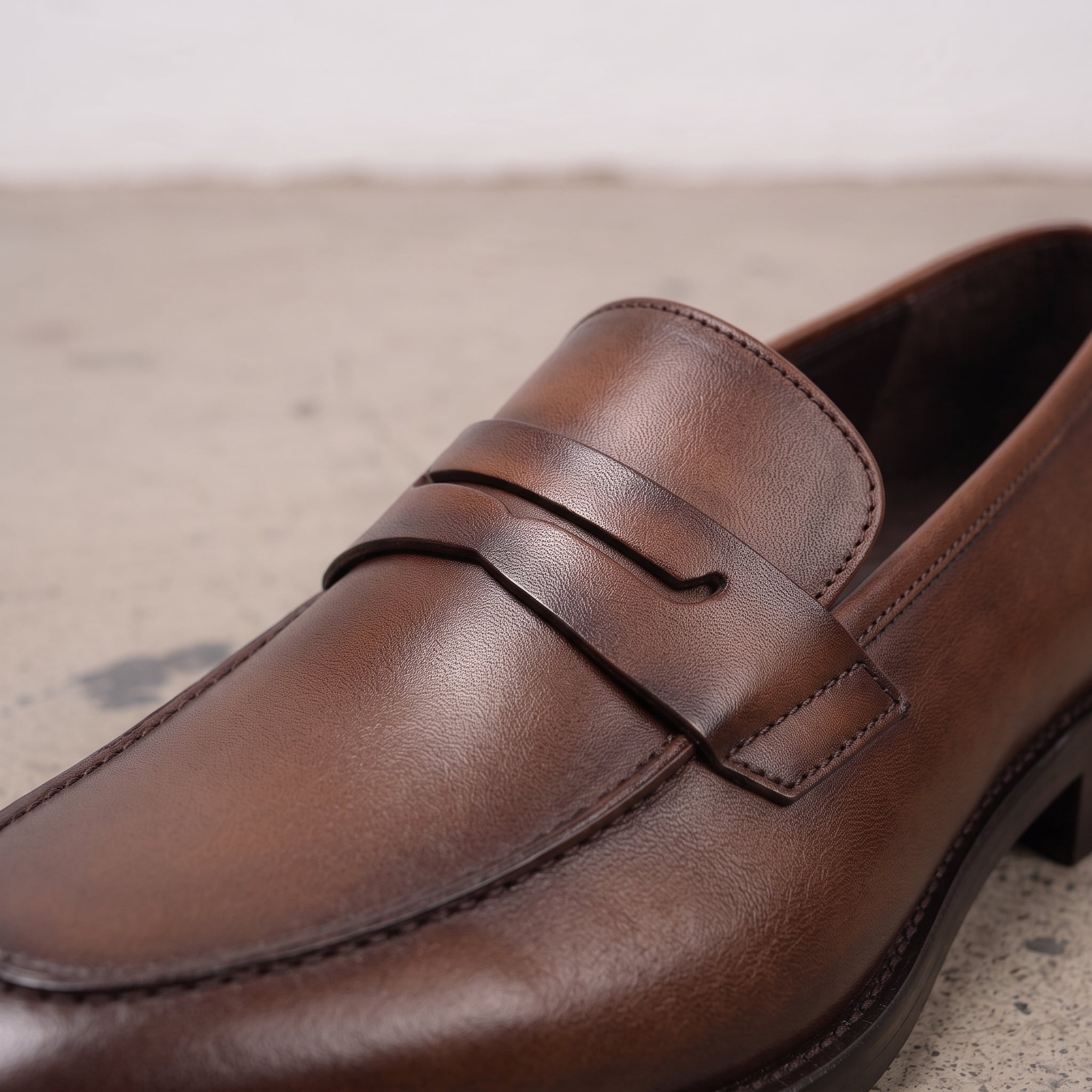 Men's Brown Apron-Toe Leather Penny Loafers — Hilsdon