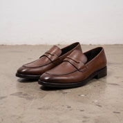 Men's Brown Apron-Toe Leather Penny Loafers — Hilsdon