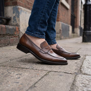 Men's Brown Apron-Toe Leather Penny Loafers — Hilsdon