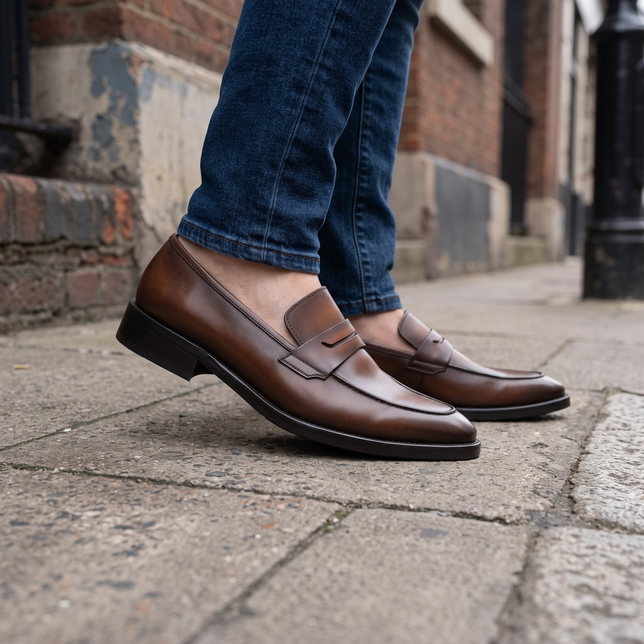 Men's Brown Apron-Toe Leather Penny Loafers — Hilsdon