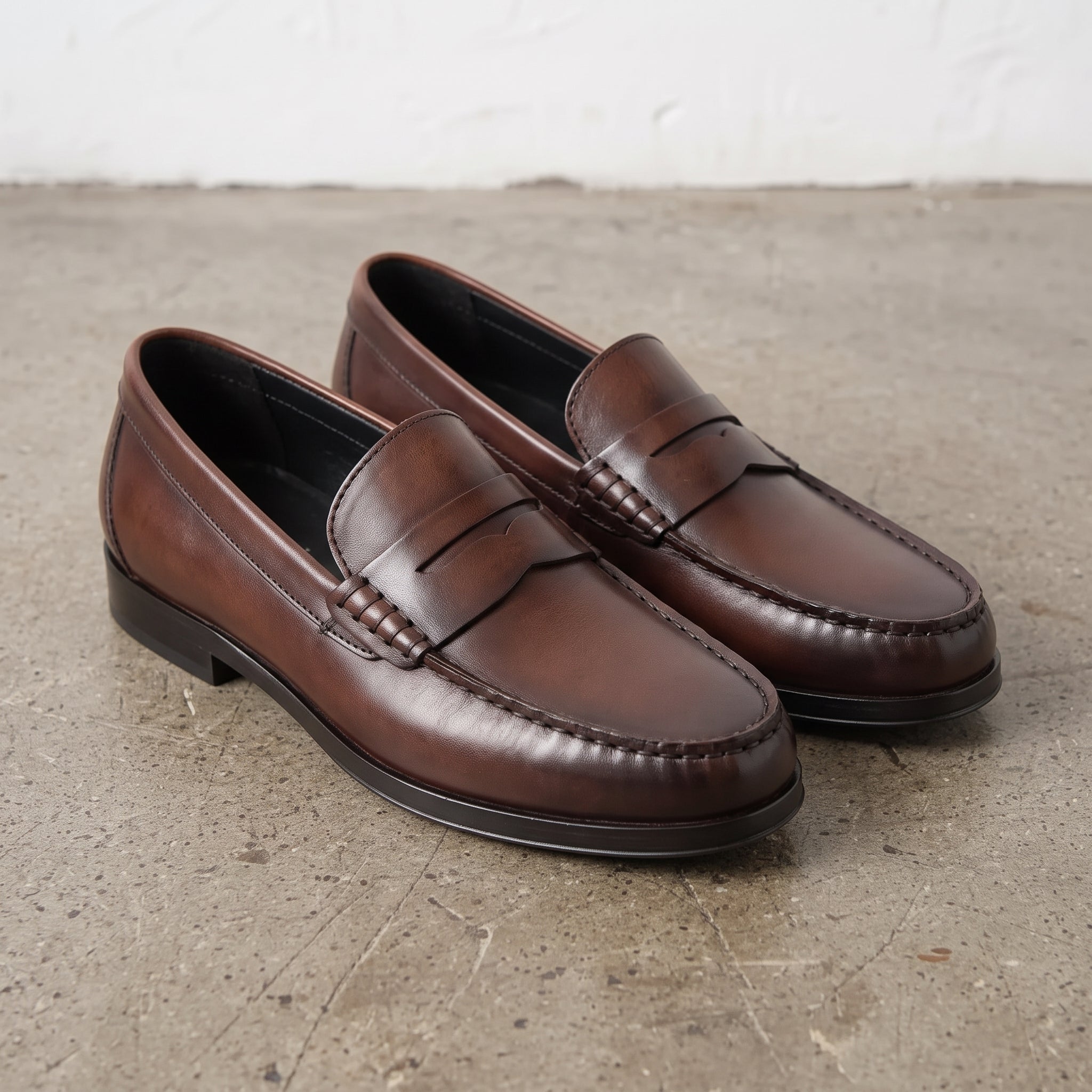 Men's Brown Apron-Toe Leather Penny Loafers — Poynton