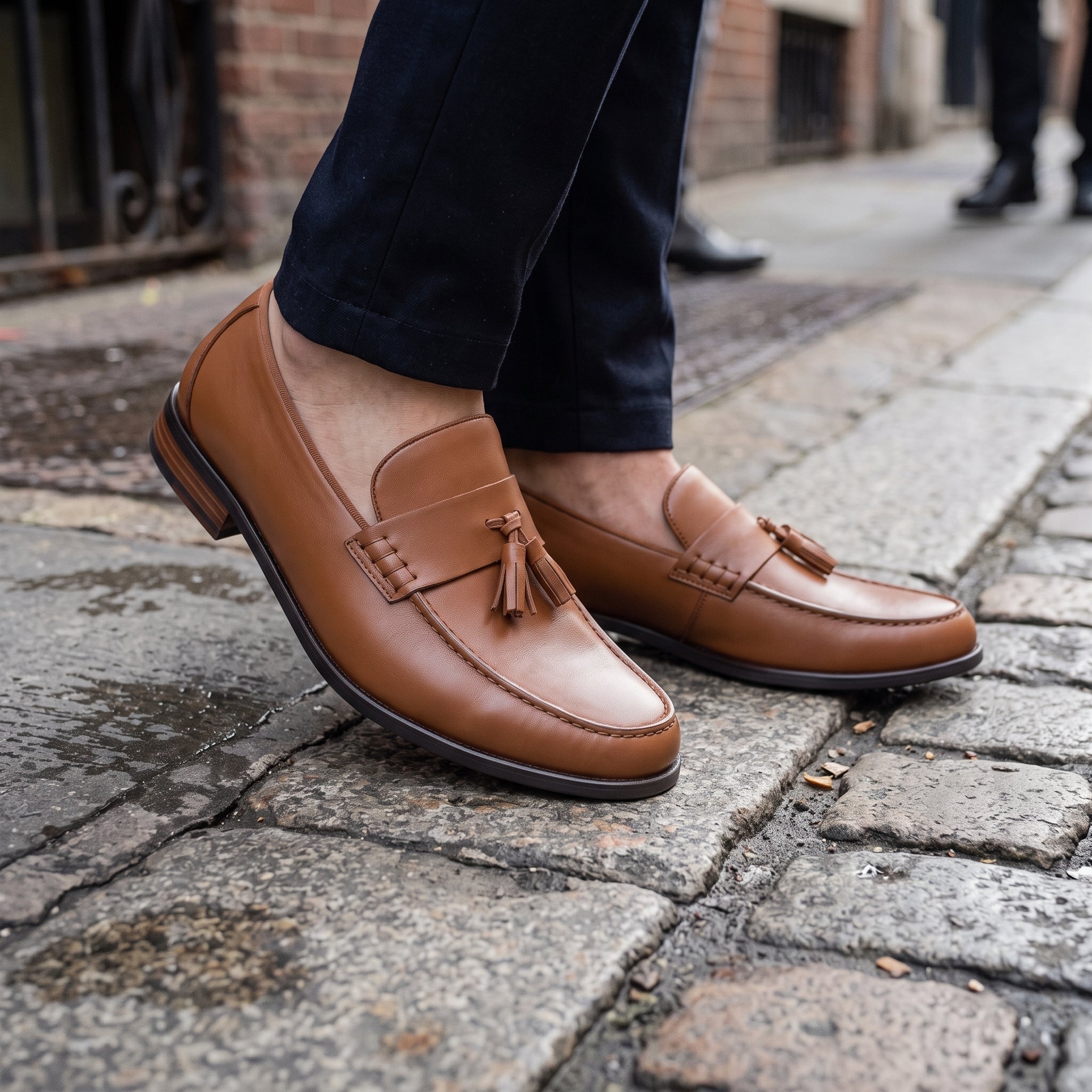 Men's Brown Apron-Toe Leather Tassel Loafers — Aberford