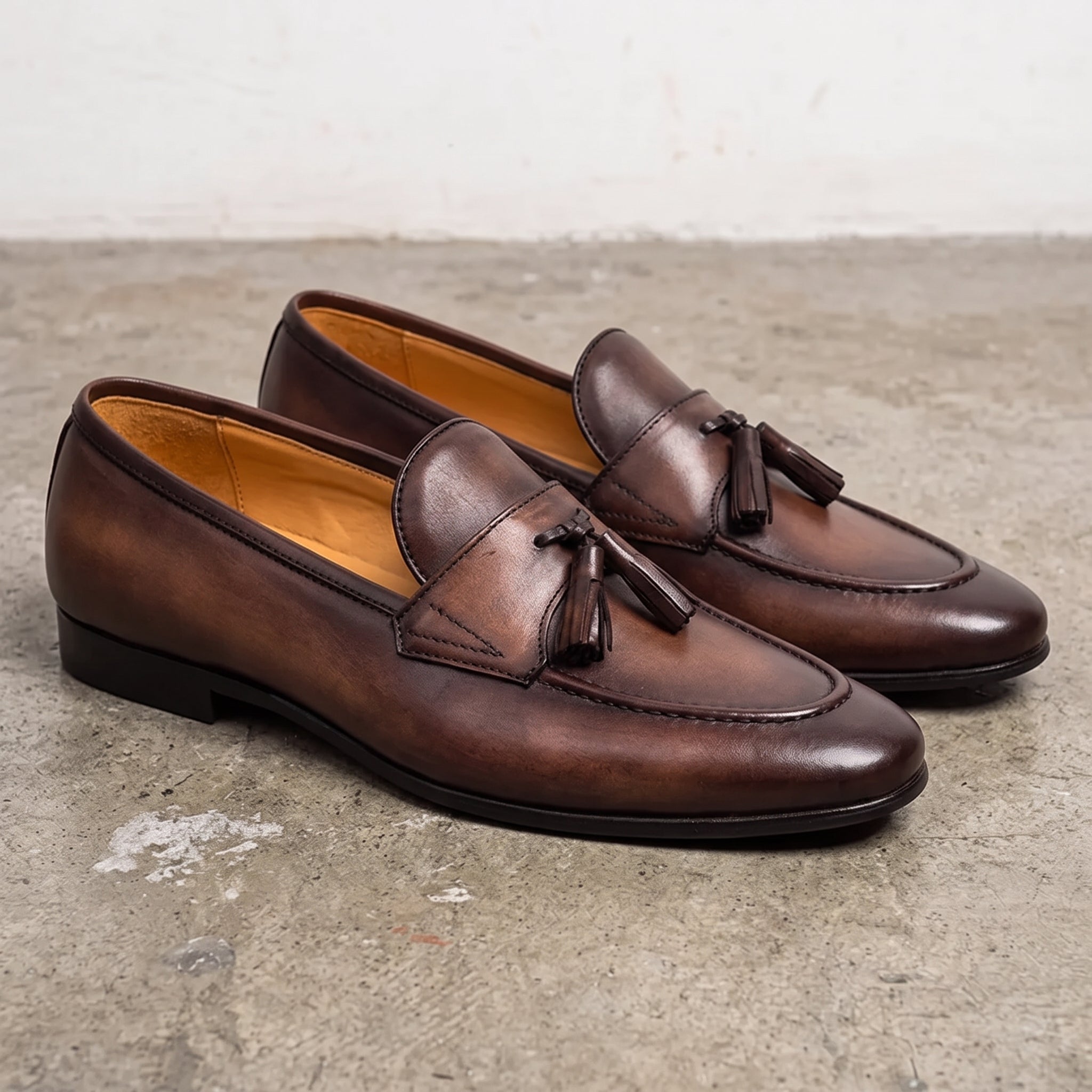 Men's Brown Apron-Toe Leather Tassel Loafers — Atley