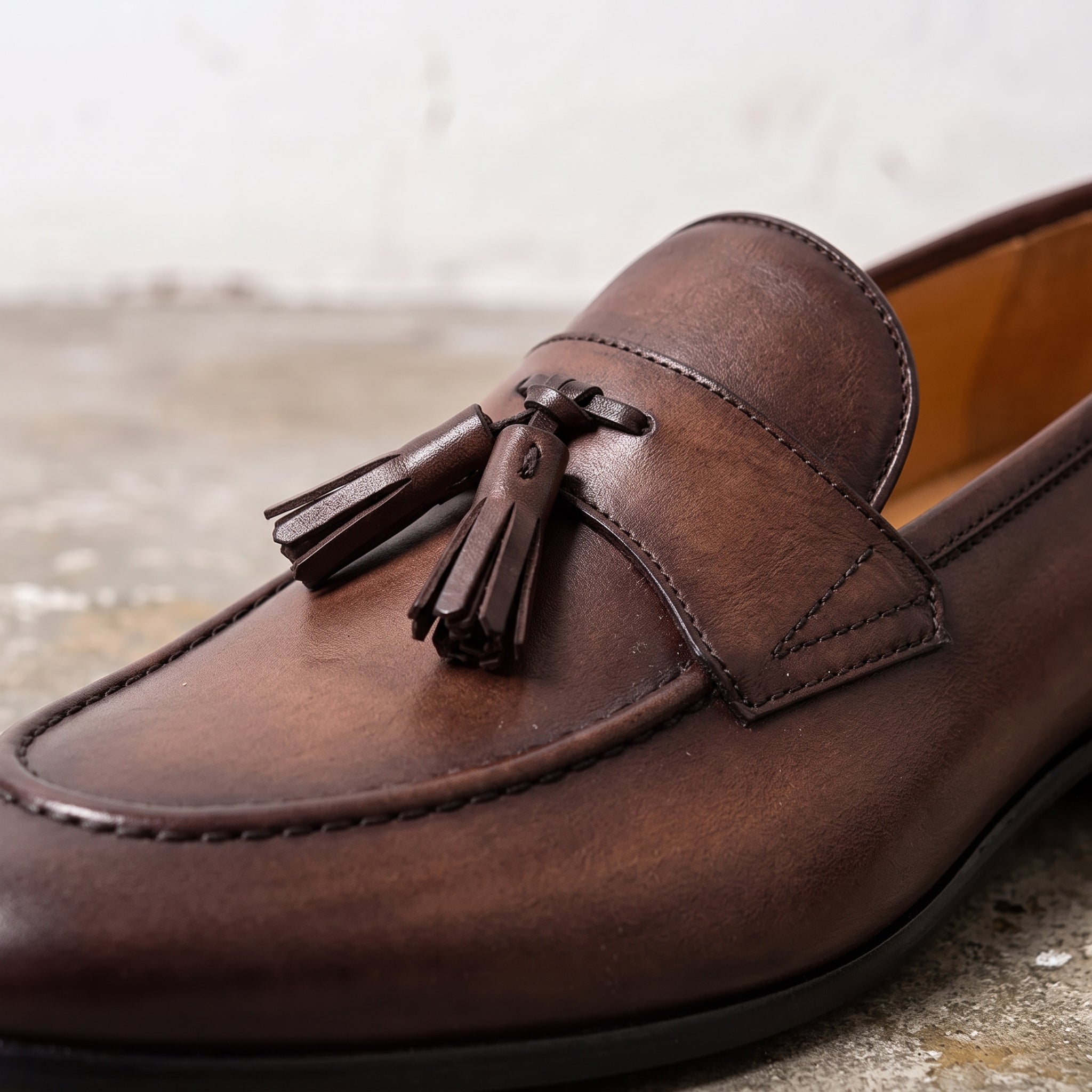 Men's Brown Apron-Toe Leather Tassel Loafers — Atley