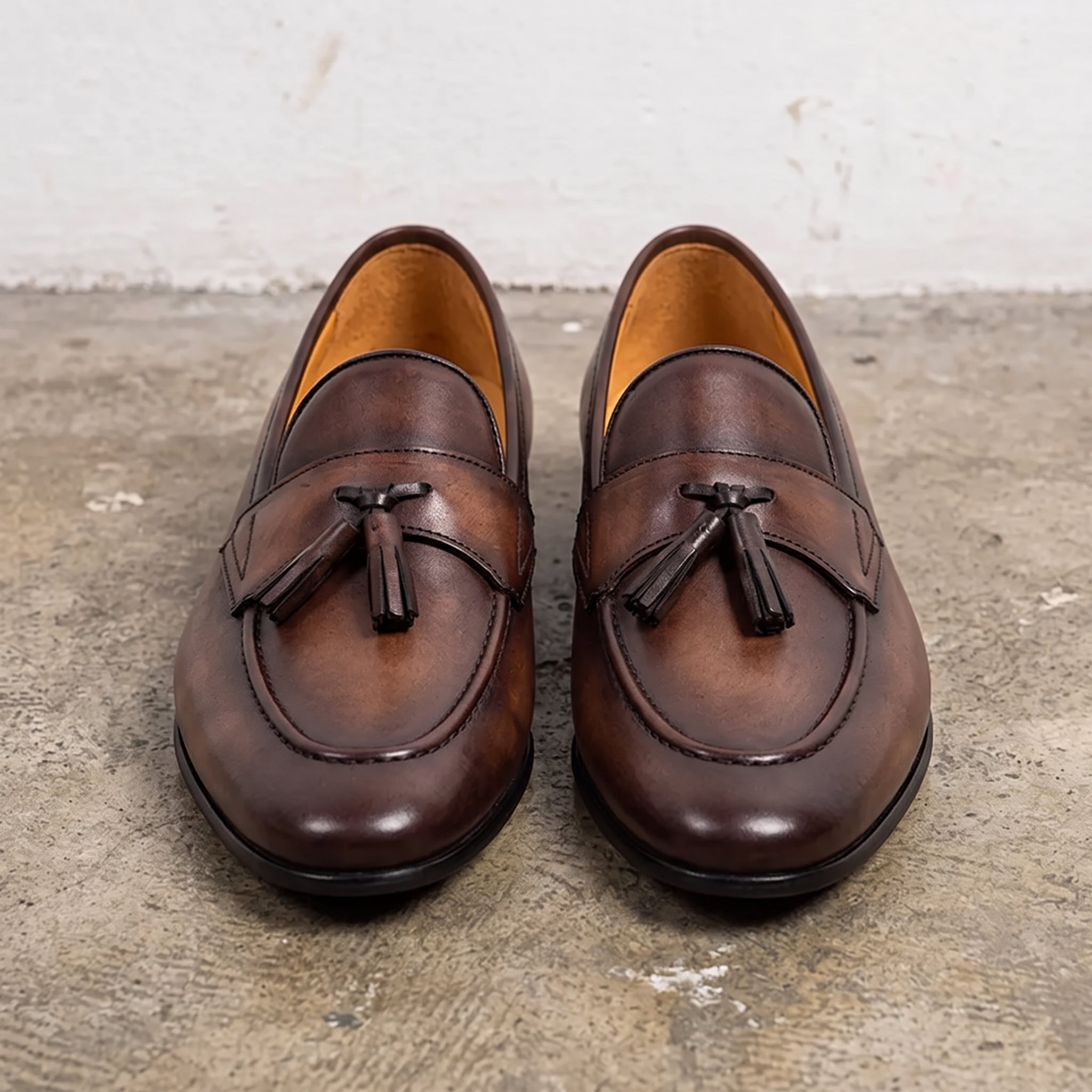 Men's Brown Apron-Toe Leather Tassel Loafers — Atley