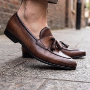 Men's Brown Apron-Toe Leather Tassel Loafers — Atley