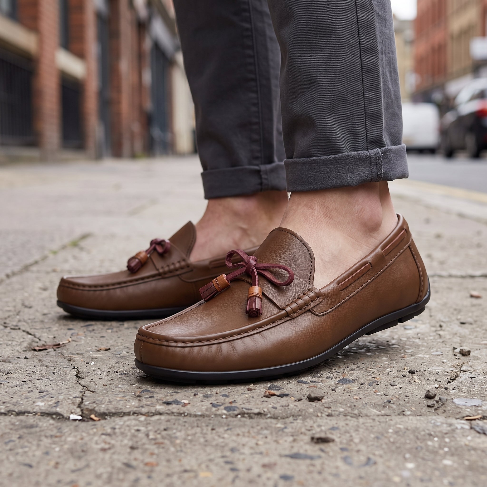 Men's Brown Apron-Toe Leather Tassel Loafers — Birtley