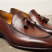 Men's Brown Apron-Toe Leather Tassel Loafers — Gissing