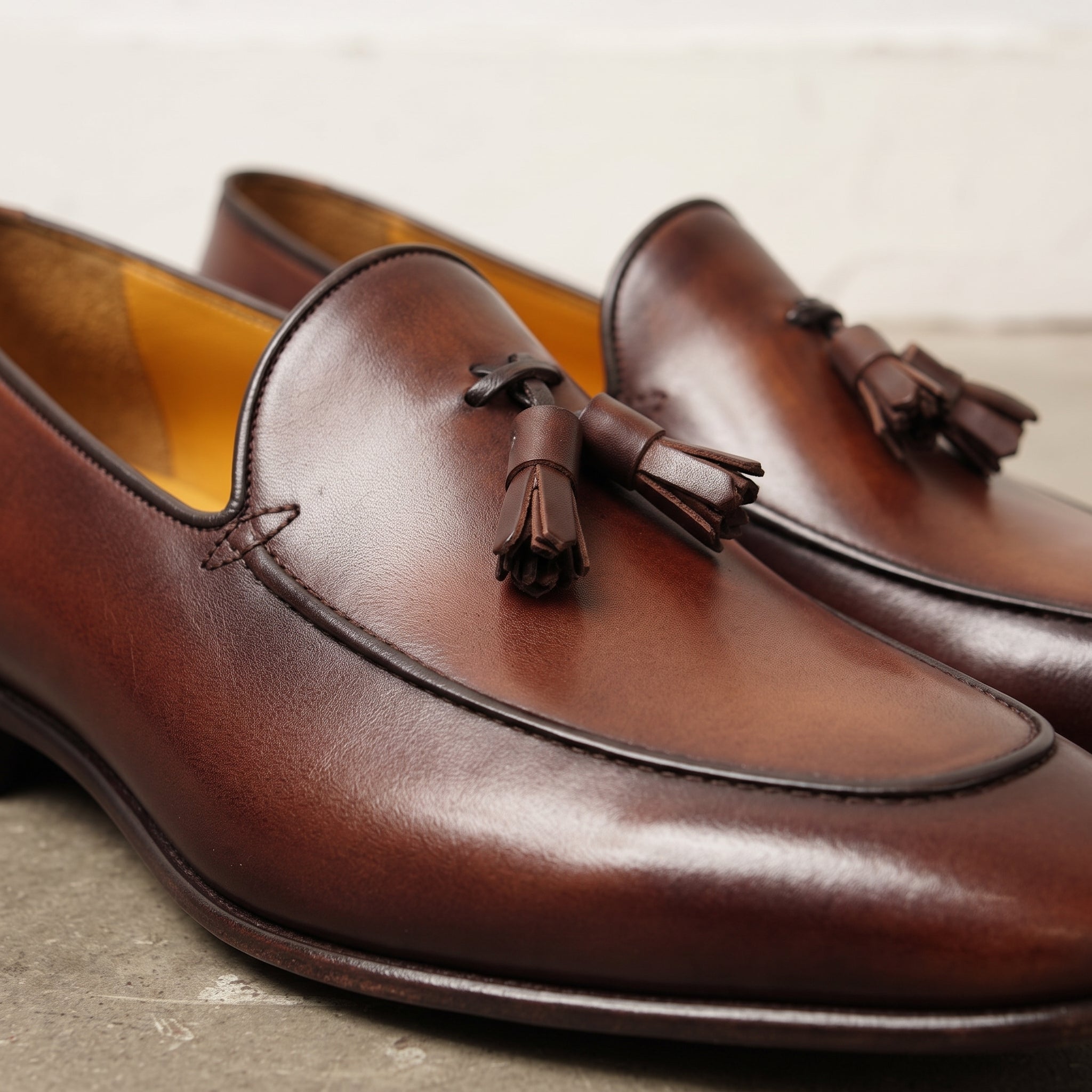 Men's Brown Apron-Toe Leather Tassel Loafers — Gissing