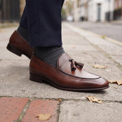Men's Brown Apron-Toe Leather Tassel Loafers — Gissing