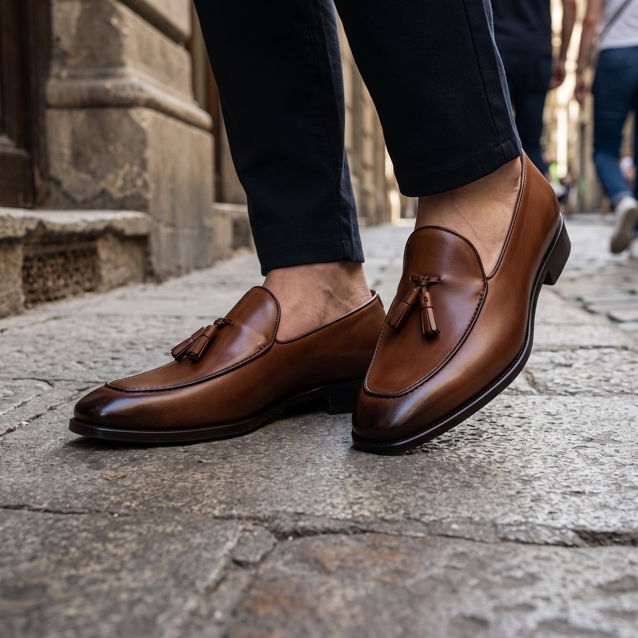 Men's Brown Apron-Toe Leather Tassel Loafers — Linley