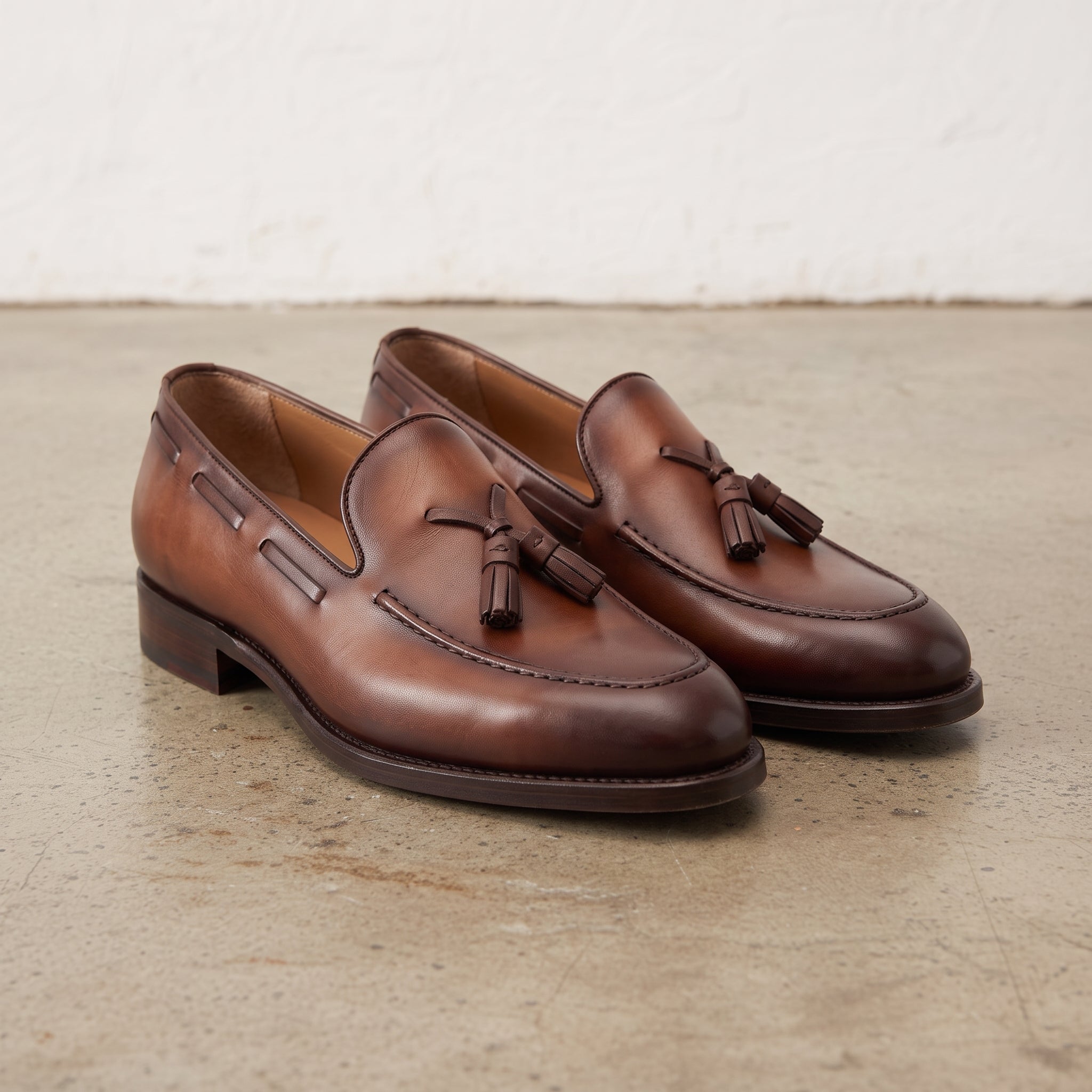Men's Brown Apron-Toe Leather Tassel Loafers — Lumley