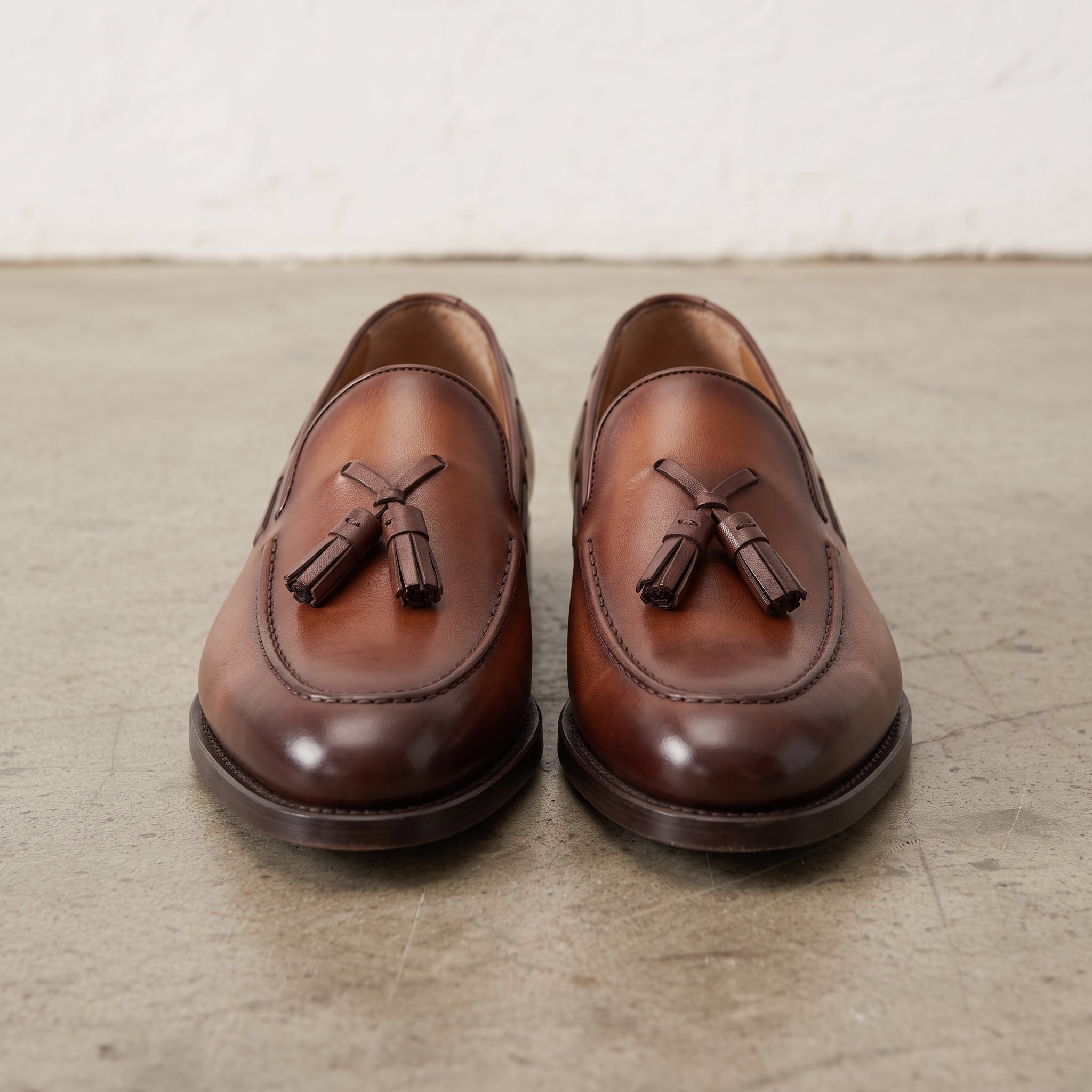 Men's Brown Apron-Toe Leather Tassel Loafers — Lumley