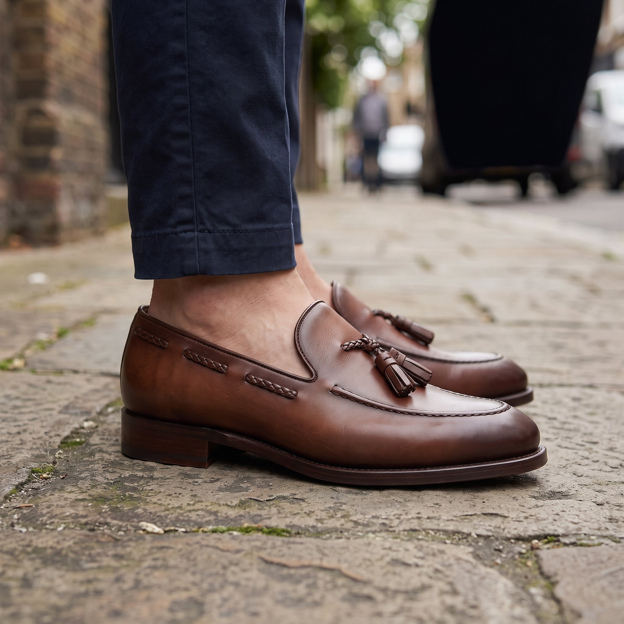 mens dress loafers with tassels Men's Brown Apron-Toe Leather Tassel — Lumley -BOTTOMS & LEGGINGS Long Maria Dress - Artfully handsewn from the Color:Port Wine