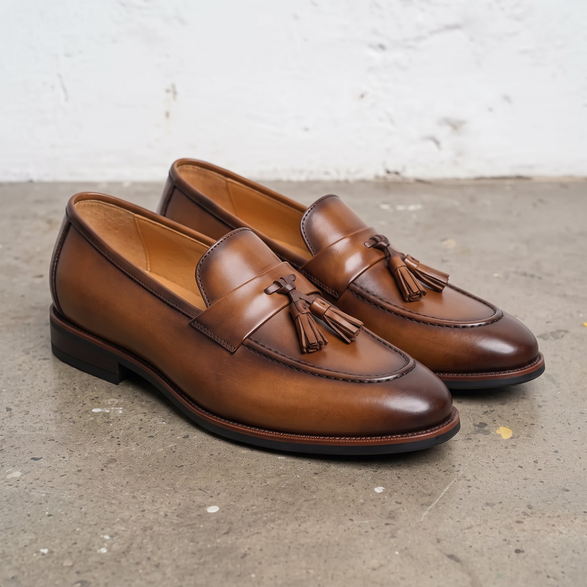 Men's Brown Apron-Toe Leather Tassel Loafers — Meynell