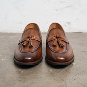 Men's Brown Apron-Toe Leather Tassel Loafers — Meynell