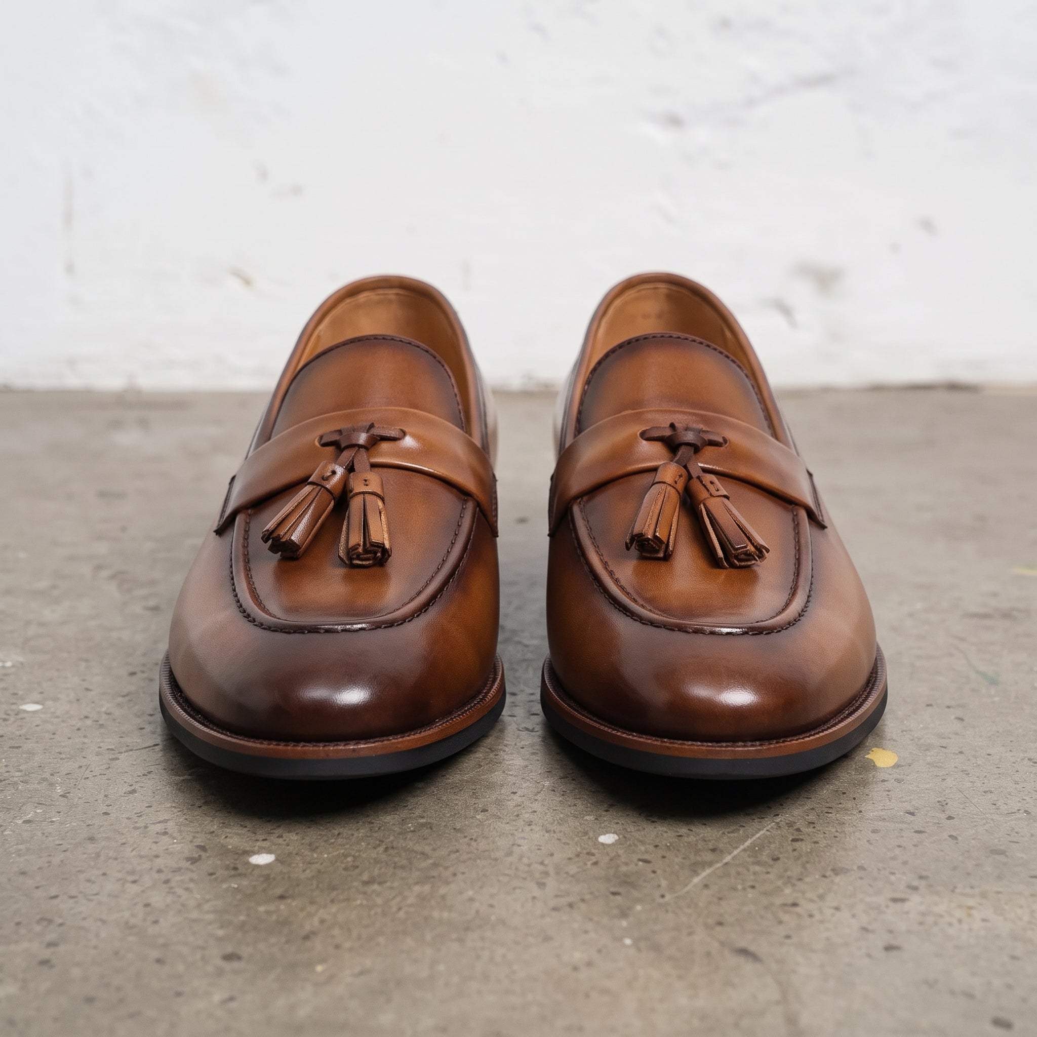Men's Brown Apron-Toe Leather Tassel Loafers — Meynell