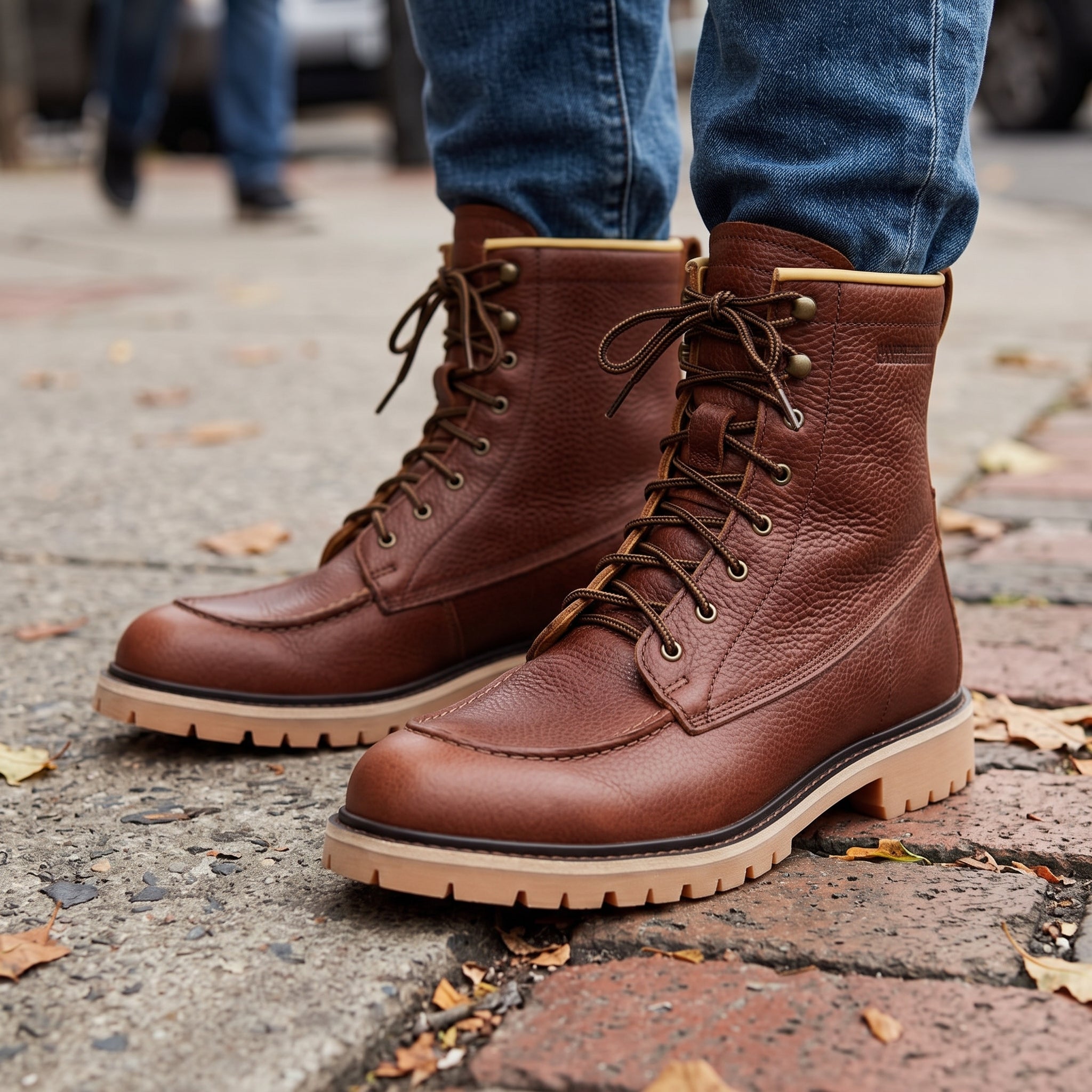 Men's Brown Apron-Toe Pebbled Leather Biker Boots — Hunston