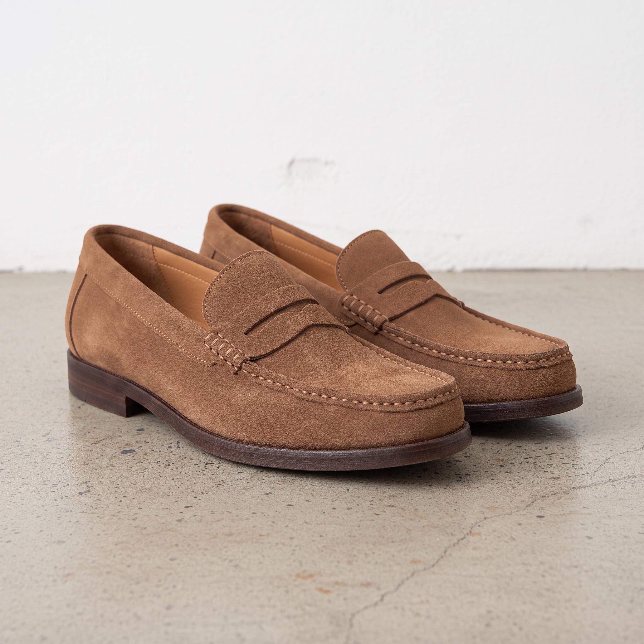 Men's Brown Apron-Toe Suede Penny Loafers — Agecroft