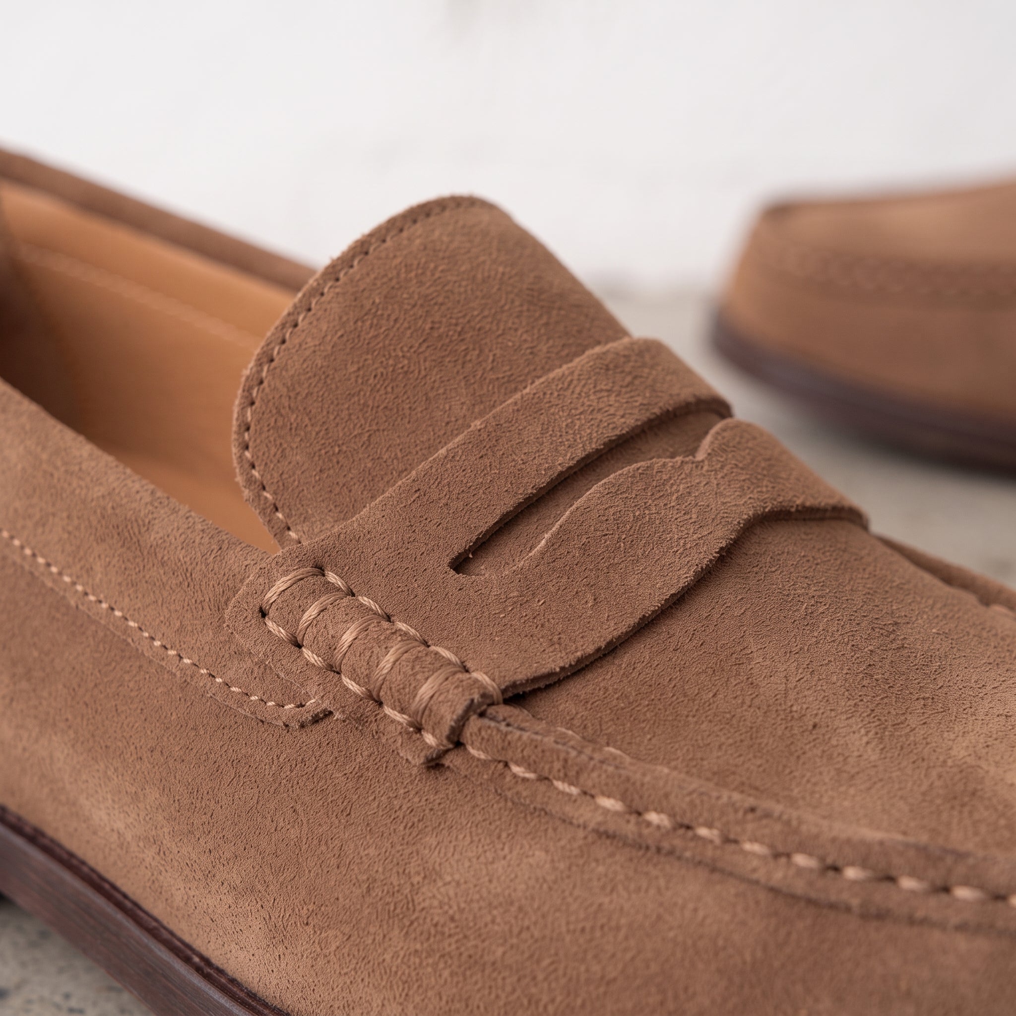Men's Brown Apron-Toe Suede Penny Loafers — Agecroft