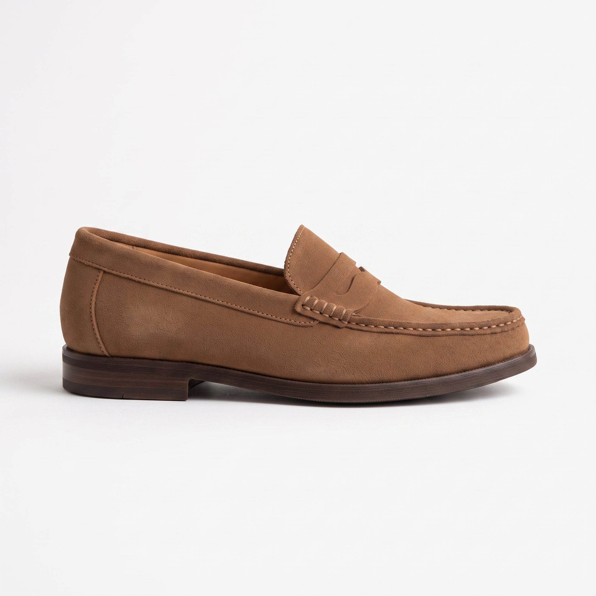 Men's Brown Apron-Toe Suede Penny Loafers — Agecroft
