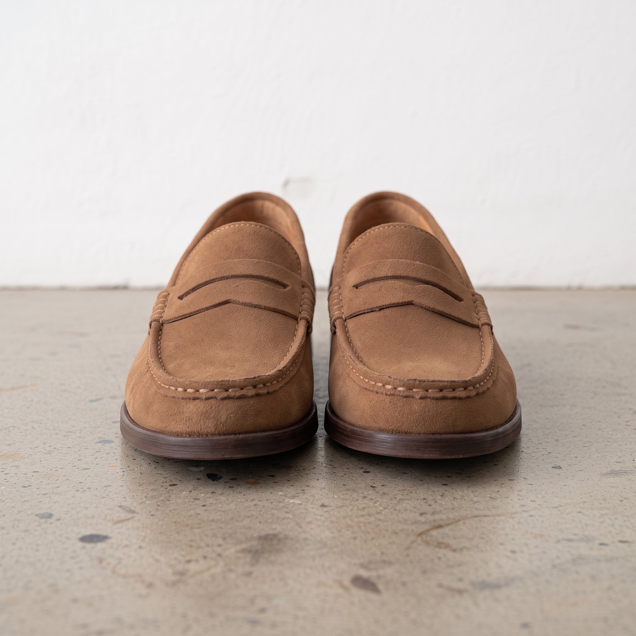 Men's Brown Apron-Toe Suede Penny Loafers — Agecroft