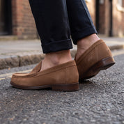 Men's Brown Apron-Toe Suede Penny Loafers — Agecroft
