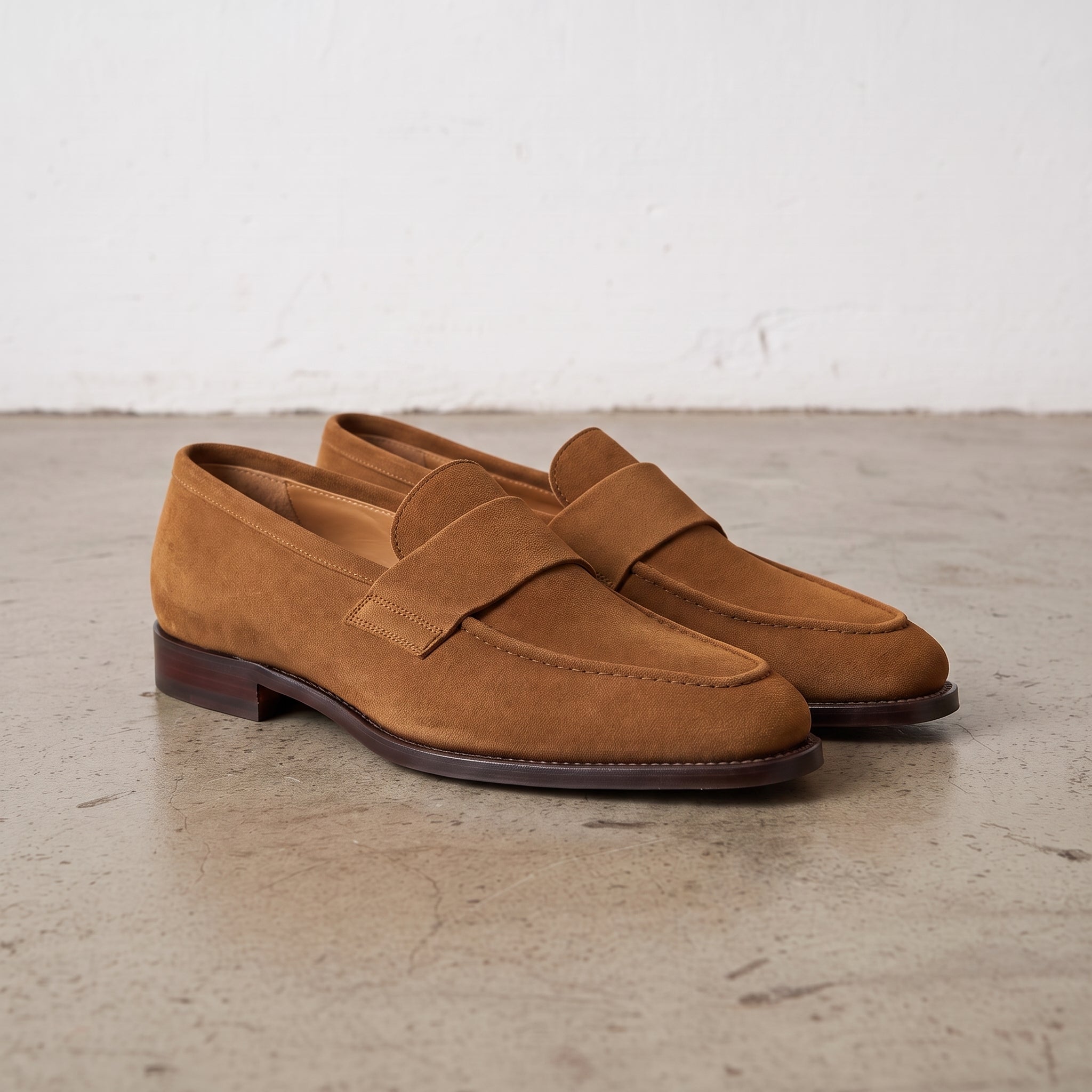 Men's Brown Apron-Toe Suede Penny Loafers — Forfar